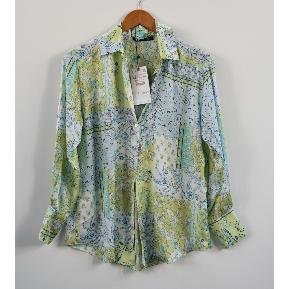 NWT Zara Satin Paisley Patchwork Top Button Front Green Blue Womens XS